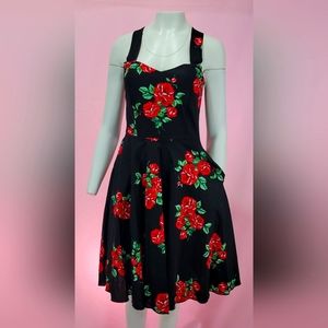 Black with red roses halter dress rockabilly pinup retro vintage punk